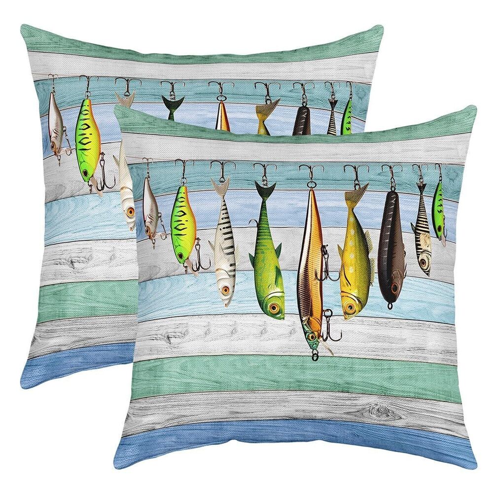 1480 Colorful Fish Throw Pillow Covers 24x24 Inch Set of 2, Fish Hook